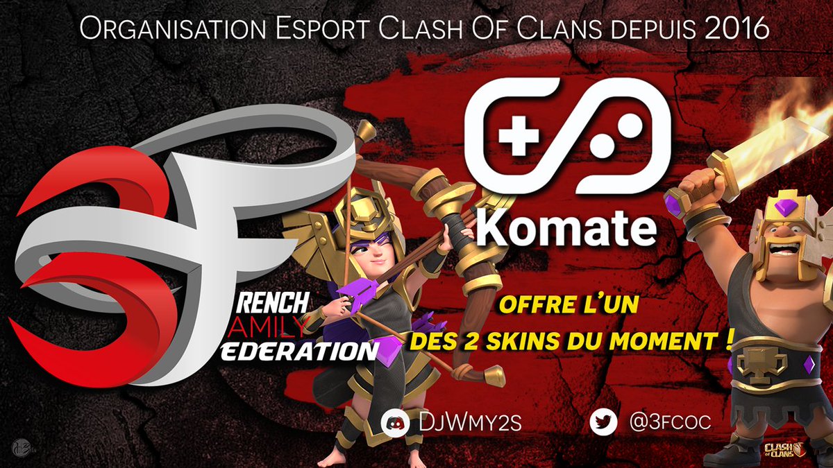 La <a href="/3Fcoc/">French Family</a> a la plaisir de vous offrir via notre partenaire <a href="/Komate_fr/">Komate</a> le skin de votre choix 💪💪pour le gagner : RT + Follow <a href="/Komate_fr/">Komate</a> tirage au sort dans 72h 😎 merci à <a href="/BelaMpl/">Hangar B (Béla)</a> pour ce magnifique visuel 😍