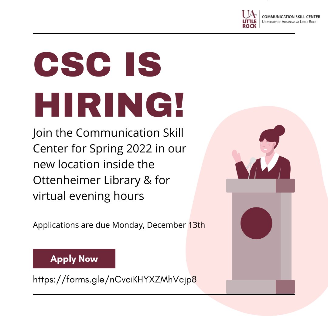 CommSkillCenter's tweet image. We are hiring for Spring 2022! CSC Support Staff work with clients to help build communication-related knowledge and skills. All majors are welcome to apply. Applications are due by Monday, December 13th! forms.gle/nCvciKHYXZMhVc…