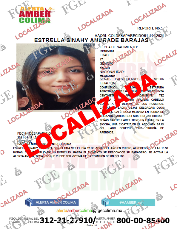 AAMBER_col's tweet photo. Nos es grato informar que ha quedado desactivada la Alerta que se emitió por la desaparición de la menor, ESTRELLA SINAHY ANDRADE BARAJAS, debido a que ya fue localizada. https://t.co/HU4PhaiEFW