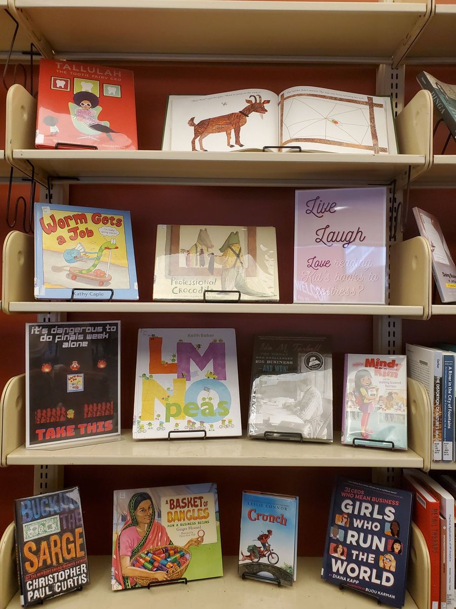 IUbusplib's tweet photo. We've partnered with the #EducationLibrary to display some books from their YA Literature collection that tie in with the subject of business. Stop by &amp; look it over. Items circulate for a week.  #DeStress #ReadingisFundamental #IULibraries https://t.co/kut8jU39wT