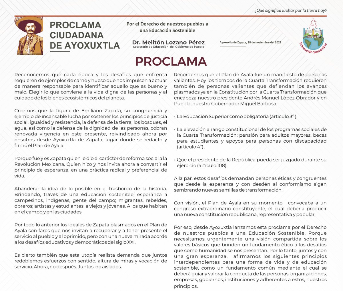 MelitonLozano's tweet photo. Desde #Ayoxuxtla de Zapata, el 28 de noviembre conmemoramos los 110 años de la firma del #PlanDeAyala: comprometiéndonos a través de la Proclama por el "Derecho de Nuestros Pueblos a una #EducaciónSostenible" 👇 https://t.co/UY2iXHQnuO
