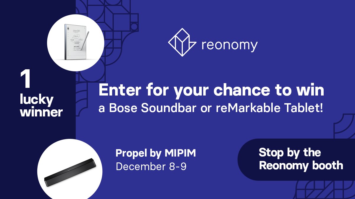 Will you be at @PropelbyMIPIM Dec 8-9? Reonomy will be! Make sure to stop by the booth, grab some swag, and enter for your chance to win a Bose Soundbar or reMarkable tablet.