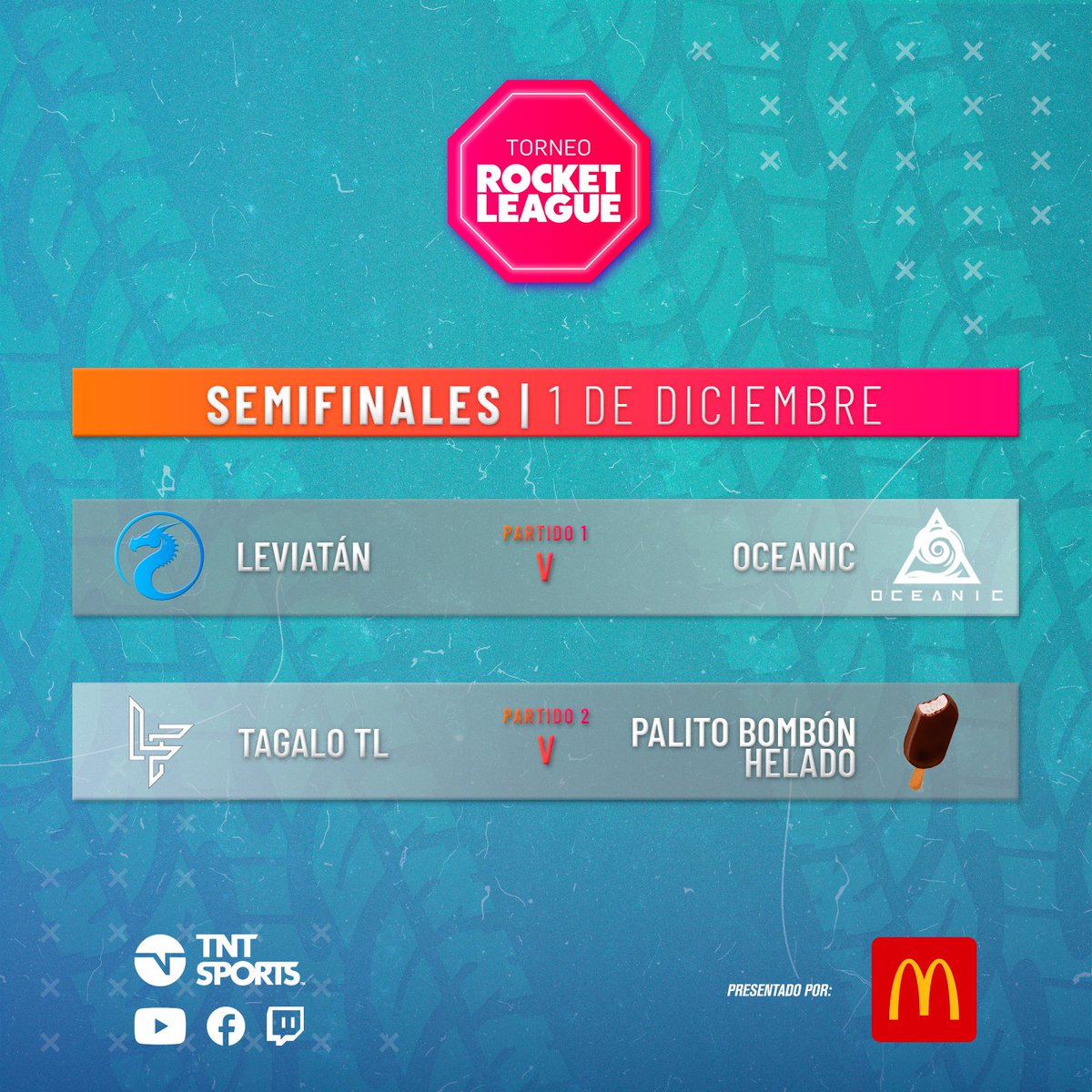 TNTSportsAR's tweet photo. ¡SE PICARON LAS SEMIS! 🤪
Hoy dos equipos avanzarán a la Gran Final de #RocketLeaguexTNTSports🚀
🏅 @LeviatanGG
🏅 @oceanic_gg
🏅 #TagaloTL
🏅 #PalitoBombónHelado
Esta noche desde las 20:0hs 🇦🇷
➡️ https://t.co/4XTvvXB0Hf
Auspiciado por @McDonalds_Ar | #RocketLeagueMcDonalds https://t.co/0MefMLDttW