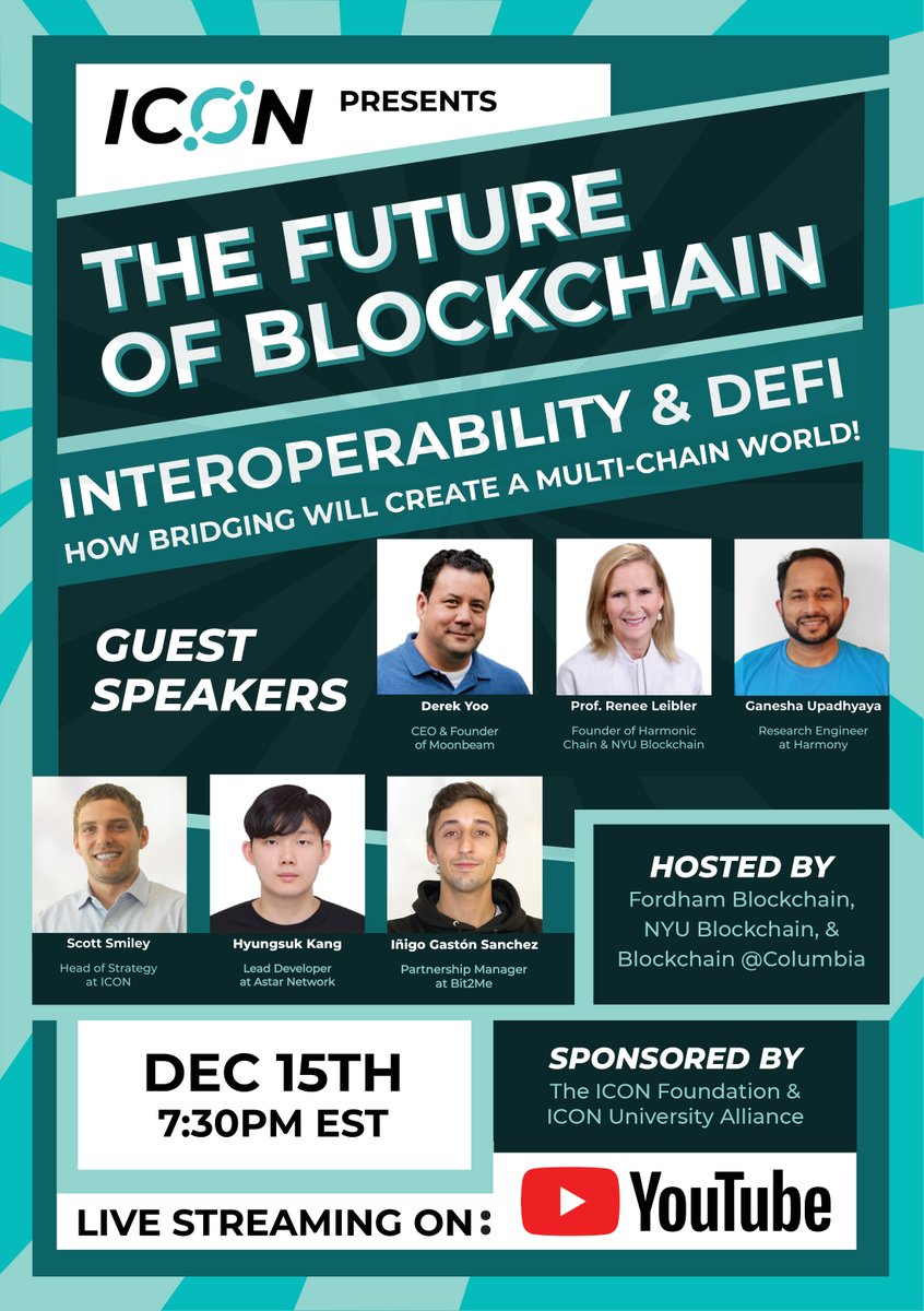 sodaholders's tweet photo. On December 15th 7:30PM EST, ICON will be hosting a panel discussion event on #DeFi &amp; #interoperability with #blockchain clubs at @Columbia, @NYUniversity, &amp; @FordhamNYC https://t.co/Q5Kb3tHxej