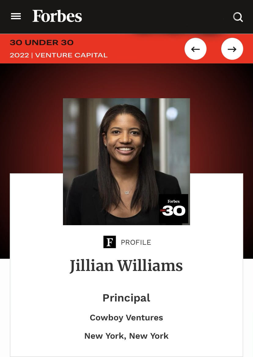 Congrats to our NYC Chapter Lead, @jillwillnyc, on being selected for Forbes 30 under 30!

"She serves as the head of BLCK VC NYC, the local arm of the national venture organization, where she launched the Path Program to demystify venture for rising stars in other industries."