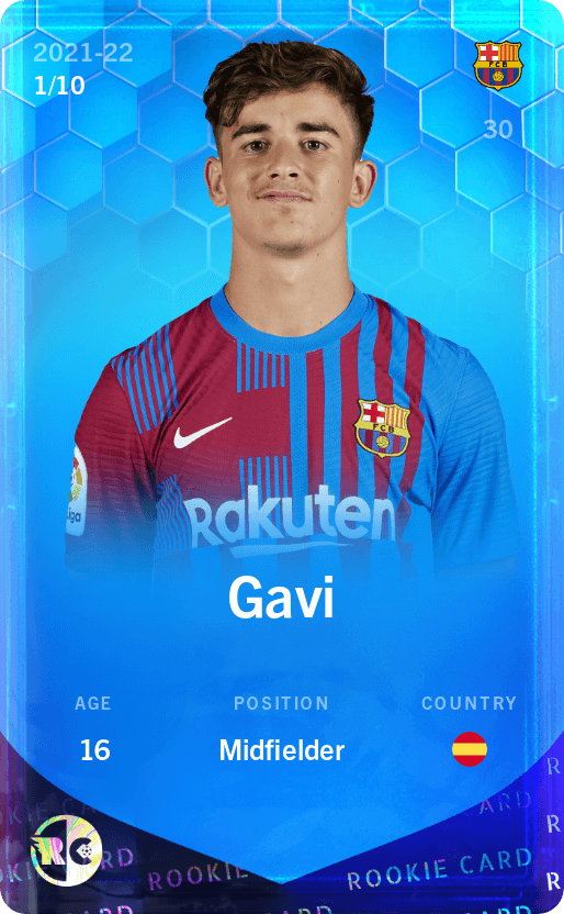 SpainSorare's tweet photo. Y por ÚLTIMO, la carta MÁS CARA del CLUB de @3gerardpique es GAVI, también muy raro, con un coste de aproximadamente 27.000€. https://t.co/GkAZArS4vt