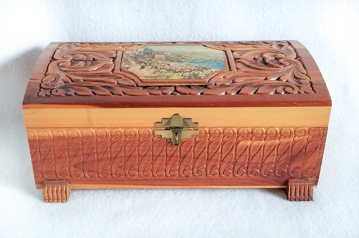 Check out Cedar Chest Jewelry Box, 10 1/4' Carved Box, Mirror Inside Lid, Latch #Unbranded ebay.com/itm/3342390394… via @eBay