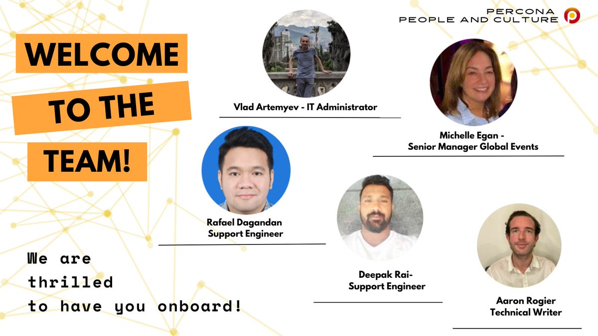 PerconaJobs's tweet photo. Welcome aboard new Perconians! 👋 

We're hiring for all types of positions, globally for #RemoteWork - and these are the newest faces to join the team! 

Excited to have Aaron Rogier, Michelle Egan, Rafael Dagandan, Deepak Rai and Vlad Artemyev as part of the @Percona crew! 🎉 https://t.co/tXAeqD2Gr5