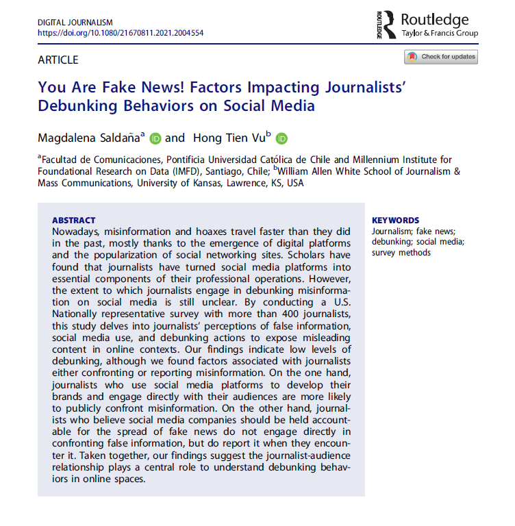 Magdalena Saldaña (@magdalenasaldan) on Twitter photo #Newpaper is out! "You Are Fake News! Factors Impacting Journalists’ Debunking Behaviors on Social Media," with coauthor & friend <a href="/vutienhong/">HONG VU</a> in our favorite journal, #DigitalJournalism ❤️
First 50 copies for free! tandfonline.com/eprint/P4C8VDM…
<a href="/djeditorialteam/">Digital Journalism</a> <a href="/fcomuc/">Comunicaciones</a> <a href="/IMFDChile/">Fundamentos de los Datos</a> #Newpaper is out! "You Are Fake News! Factors Impacting Journalists’ Debunking Behaviors on Social Media," with coauthor & friend <a href="/vutienhong/">HONG VU</a> in our favorite journal, #DigitalJournalism ❤️
First 50 copies for free! tandfonline.com/eprint/P4C8VDM…
<a href="/djeditorialteam/">Digital Journalism</a> <a href="/fcomuc/">Comunicaciones</a> <a href="/IMFDChile/">Fundamentos de los Datos</a>
