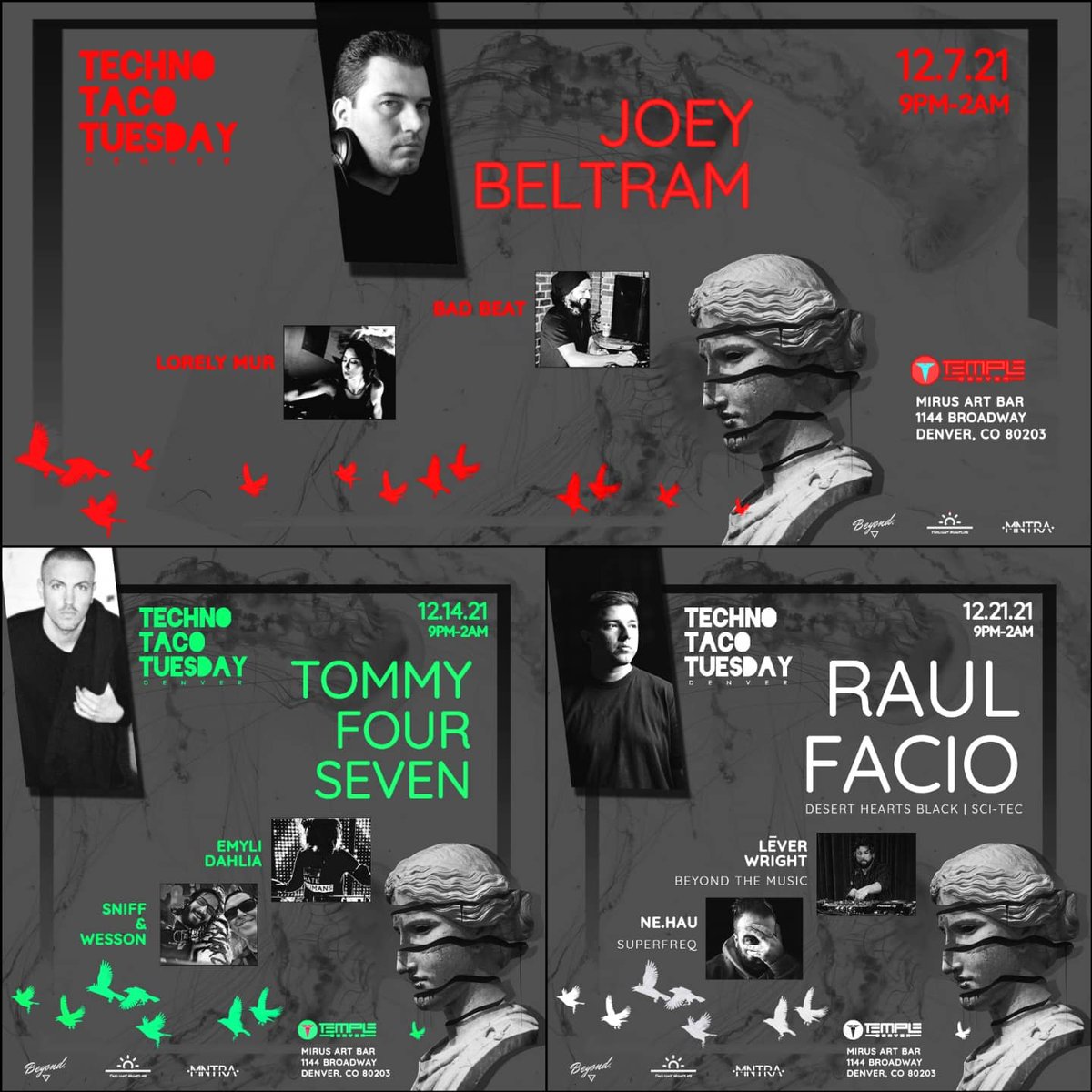 December is gonna be a hot one! Kicking the month off with @DJRendher at @ParkOnFremont this Friday, followed by massive <a href="/TechnoTacoTues/">Techno Taco Tuesday</a> and <a href="/TechnoTacoTueCO/">Techno Taco Tuesday Denver Colorado</a> lineups, finishing it off with the biggest TTT ever, featuring @DUBFIRE! 
Tickets: solo.to/mntra