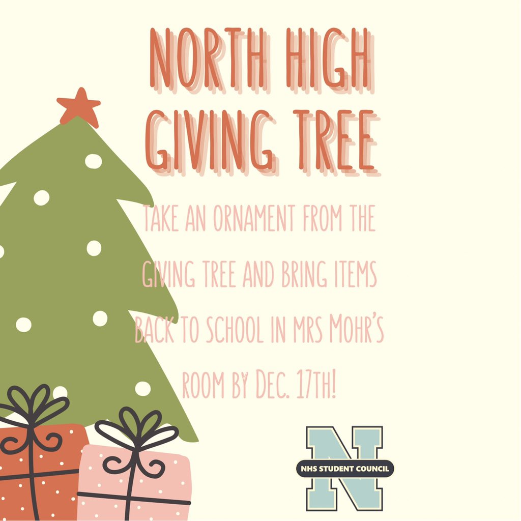 nhs_stu_co's tweet photo. The North Student Council Giving Tree is back this year! Ornaments on the tree include items that are needed at the Beacon House in Eau Claire. You can drop off items in the main office at North, or to Mrs. Mohr’s room! The last day to donate is Friday, Dec. 17th. https://t.co/hBdFfOqGUK