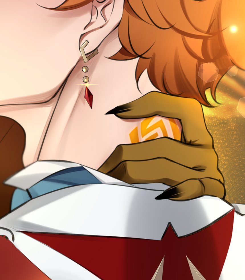 tartaglia (genshin impact) jewelry earrings orange hair male focus gloves 1boy black nails  illustration images