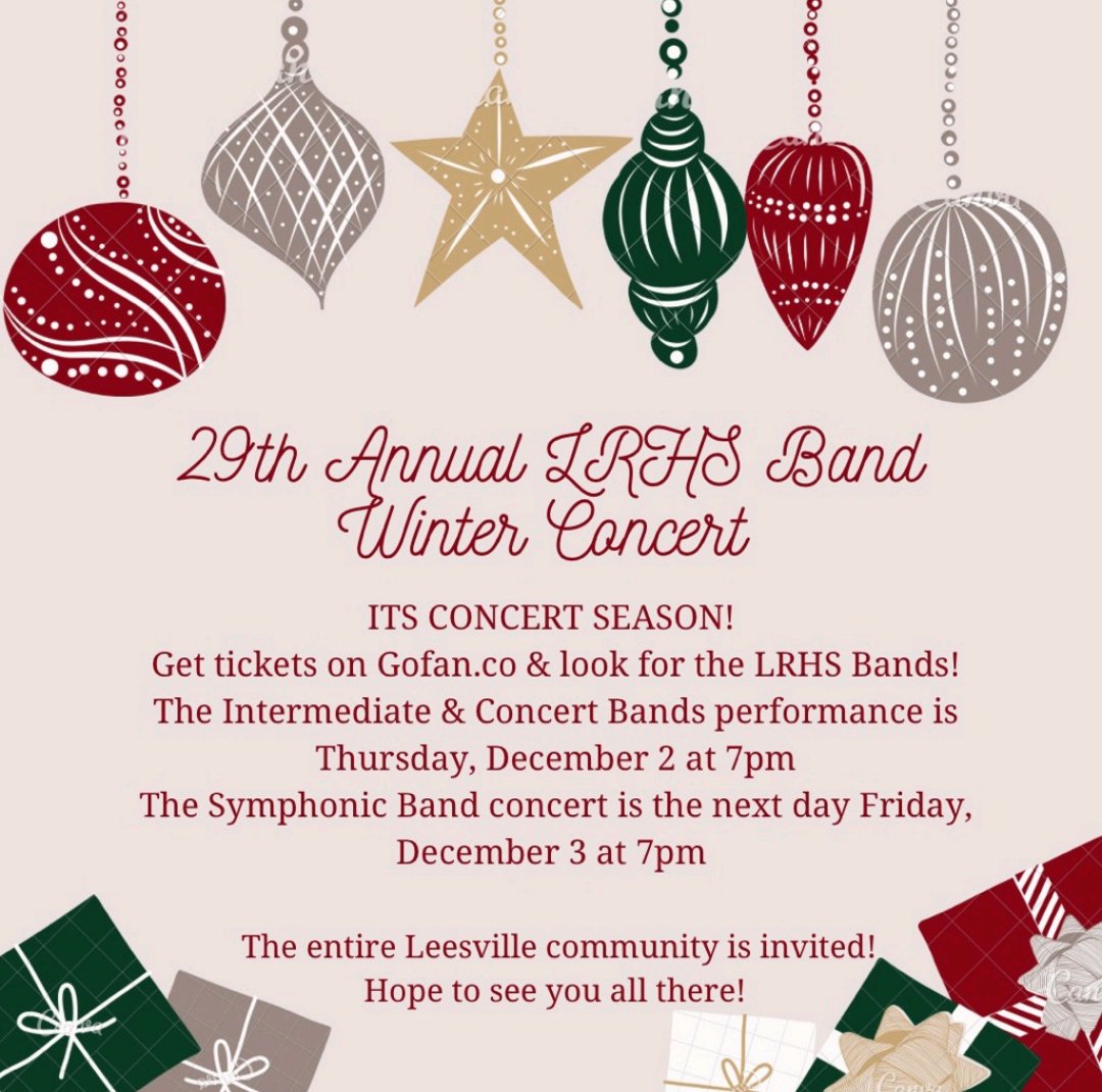 Tickets are up! Come enjoy one of our LRHS Winter Concerts using the link below, Find your band and reserve your seat. Hope to see you there! gofan.co/app/school/NC1…