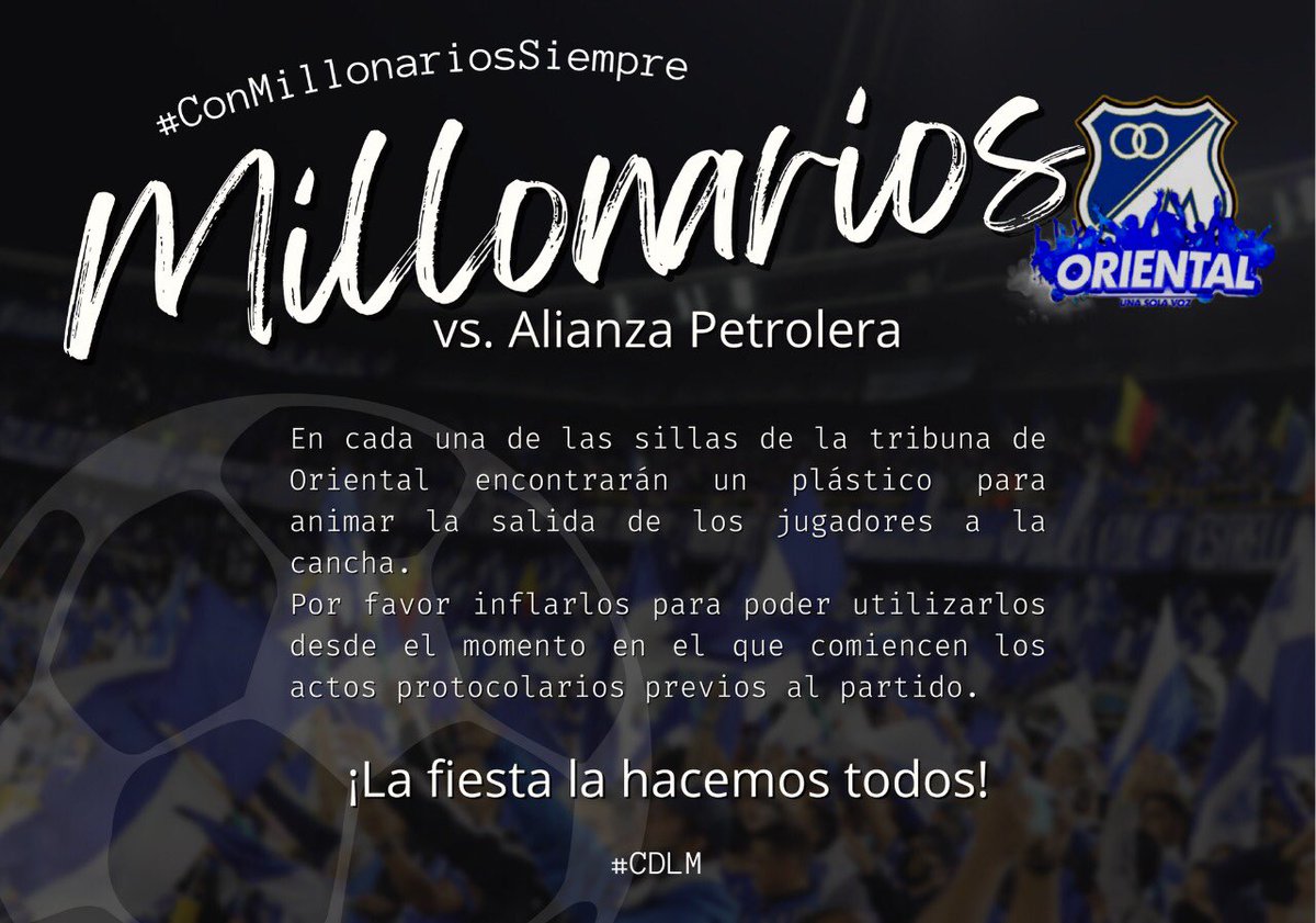 BARRABUFALO_MFC's tweet photo. ¡La fiesta la hacemos todos!
Tengamos en cuenta la siguiente información para el partido del jueves
#ConMillonariosSiempre #CDLM #FIM #ASOBIM #Unibam https://t.co/nPq9XxxnzJ