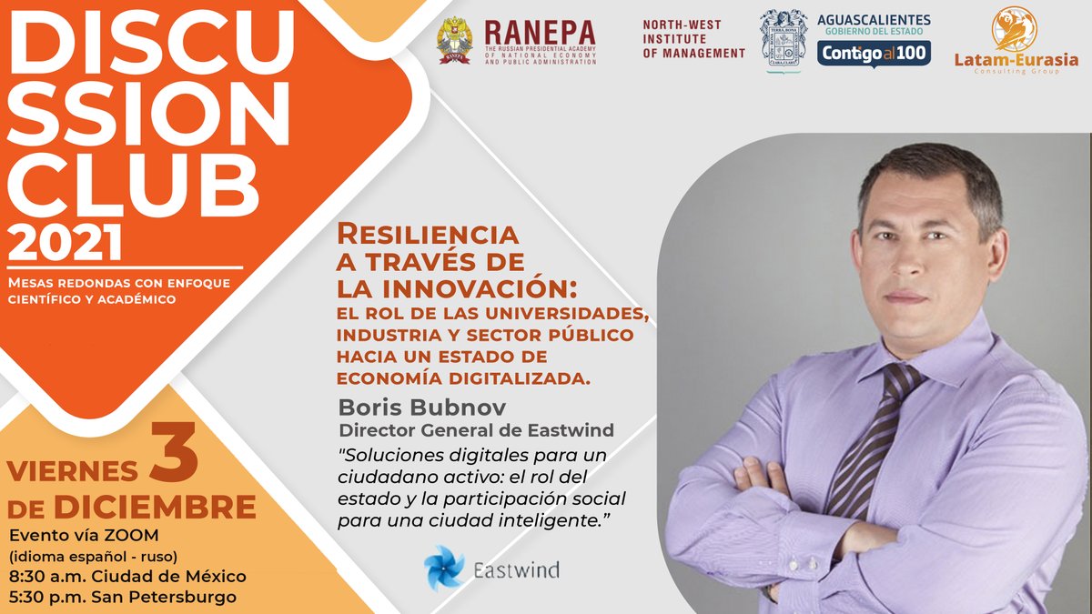 LatamEurasia's tweet photo. Conoce a nuestros panelistas del #DiscussionClub (2/2)
¡Nos vemos el viernes!
⏱ 08:30 (CdMx) - 17:30 (Moscú)
🖥 Zoom
📍 Traducción simultánea ruso-español.
@SEDEC_AGS @RANEPA #Mexico #Russia #cooperation #innovation https://t.co/Fx5vnkUzEd