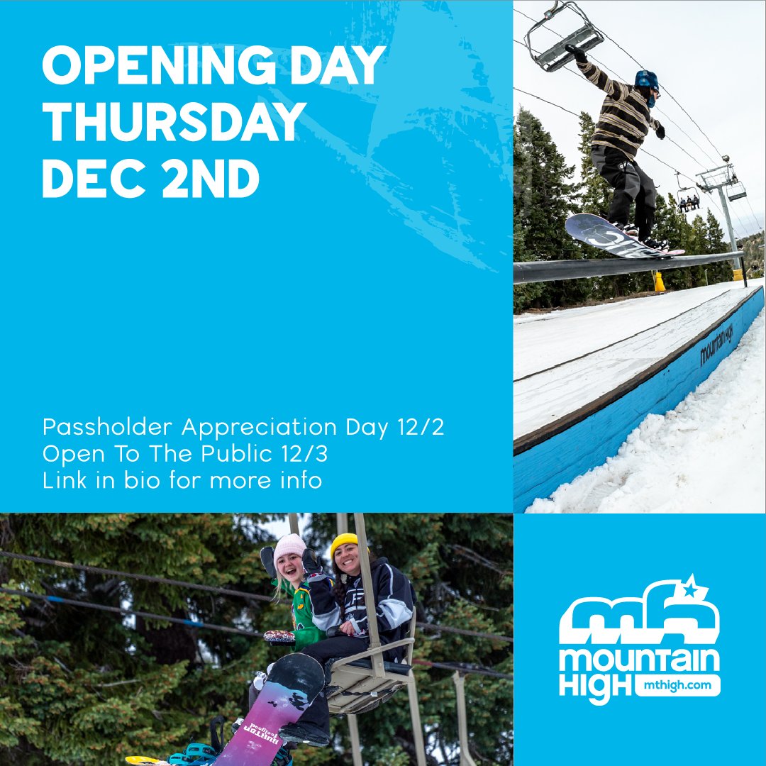mthigh's tweet photo. Everyone's dying to get on snow, so we're THRILLED that we're opening TOMORROW, 12/2 for Passholders, and Fri, 12/3 for all guests. 

The lower 1/2 of Cruiser will be full of features, along with 1/2 off drinks, and 1/2 off retail

You HALF to be here!
https://t.co/VxX9YM1yVk https://t.co/vPGdAgUmp7