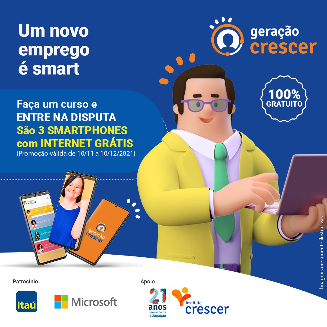 Com o concurso cultural Geração Crescer é SMART! 🤩📱, do nosso projeto de qualificação profissional e empregabilidade, Geração Crescer, você concorre a três smartphones Samsung M12 com três meses de internet grátis.

Participe! 

Saiba mais: bit.ly/3Ie0mgX