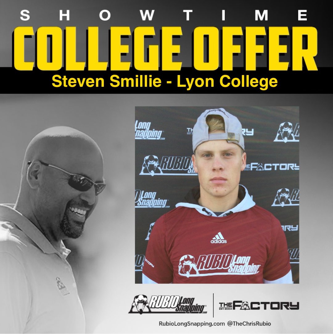SHOWTIME!!!

Rubio Long Snapper Steven Smillie (TX, 2022) has picked up an offer to Lyon College! #RubioFamily | #TheFactoryJustKeepsOnProducing 

rubiolongsnapping.com/player-ranking…