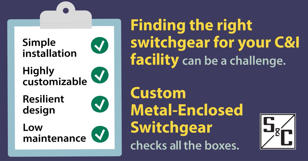 SandCElectric's tweet image. S&amp;amp;C’s Custom Metal-Enclosed Switchgear’s simple construction and installation requirements contribute to a low initial cost compared to metal-clad switchgear options—making it the perfect fit for your C&amp;amp;I facilities. Learn more here: #SwitchgearSolutions. sandc.com/en/products--s…