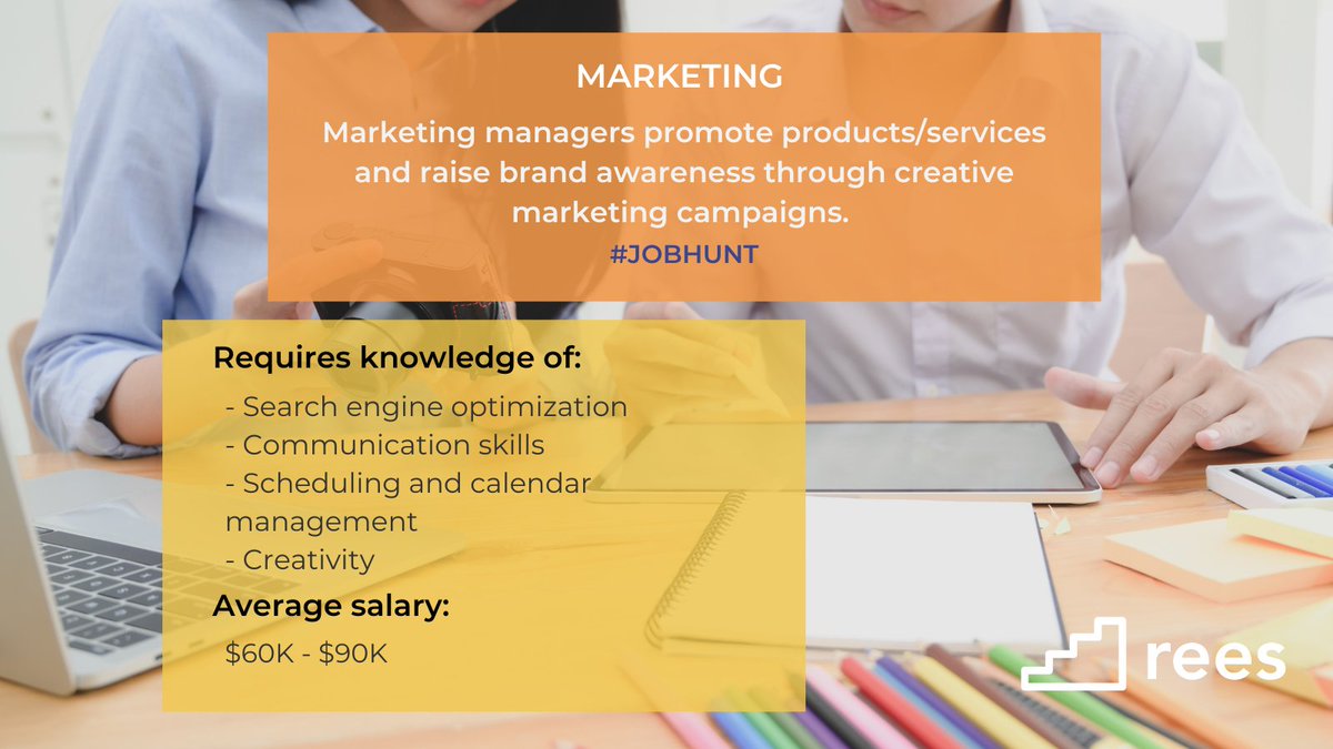 Marketing managers use their creative skills to promote a product or service to a target audience. If you love design, strategy, or sales - marketing might be the perfect career for you! 
#jobhunt #careeradvice
