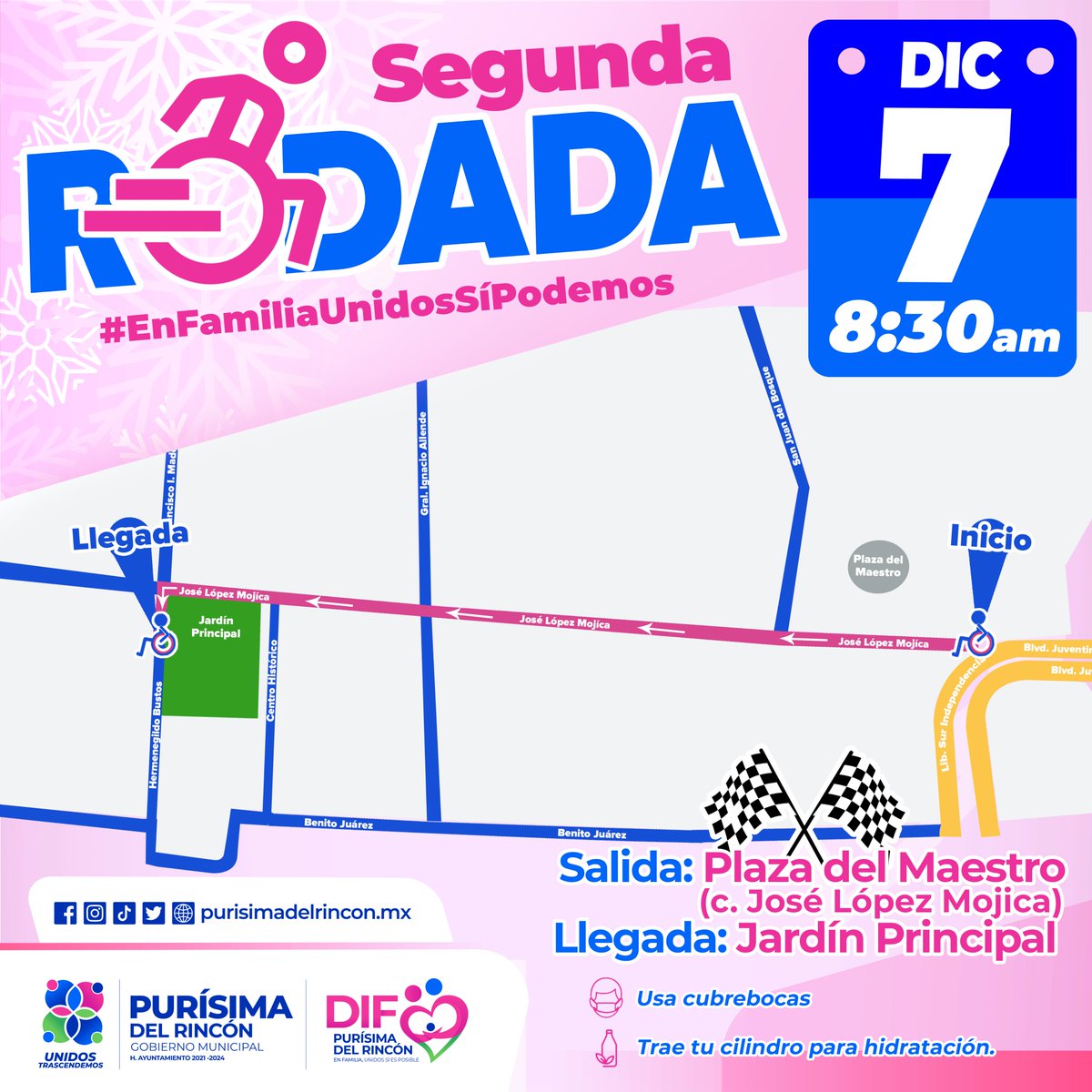 ♿️#DIFMunicipalPurísima te invita a participar en la Segunda Rodada #EnFamiliaUnidosSíPodemos, para la inclusión de todas las personas. Martes 7 de diciembre, 8:30 a.m., salida Plaza del Maestro (C. José López Mojica) y llegada: Jardín Principal