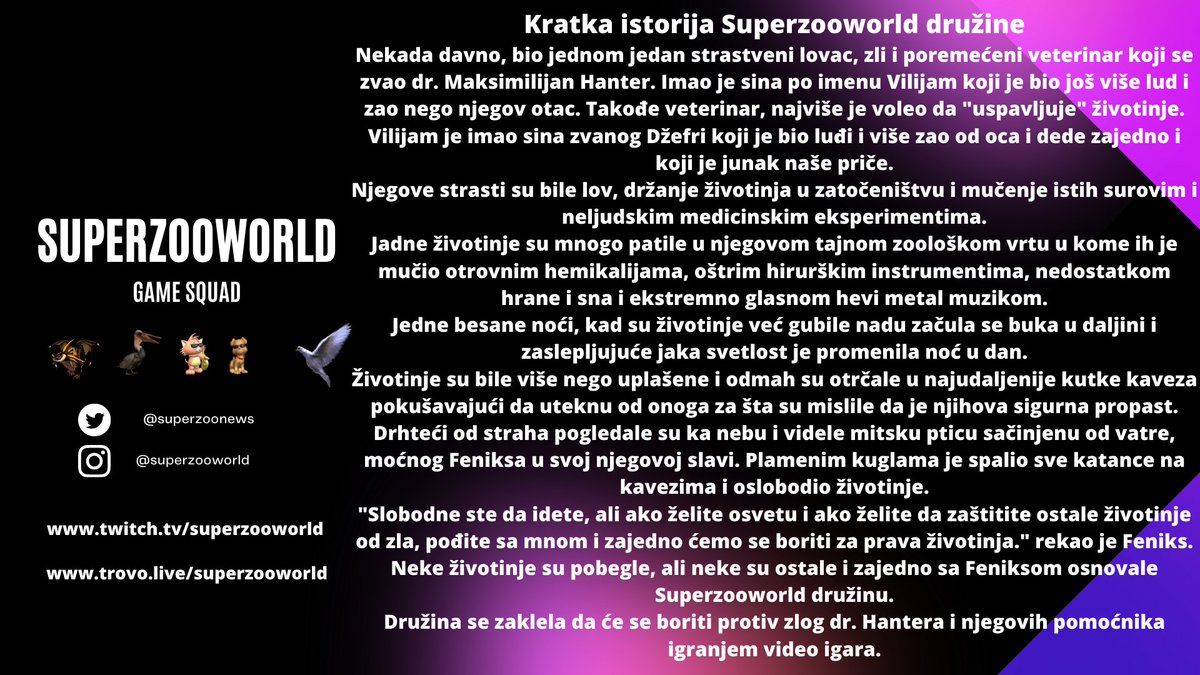 kratka istorija superzooworld gejm tima
#twitch #twitchstreamer #twitchtv #FortniteSeason8 #lol #LeagueOfLegends #LeagueOfLegendsFanArt #trovo #Video #videoproduction #videogames #fun #Twitter #NEWS #story #