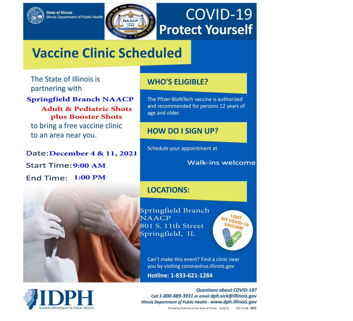 schooldist186's tweet photo. The Springfield Branch NAACP Illinois to host a COVID-19 Vaccination Clinic!

Date: Saturday, December 4, 2021 &amp; Saturday, December 11, 2021
      
Time: 9 AM - 1 PM

Place: NAACP, 801 S. 11th Street

#Team186 https://t.co/VYFze6lpGh