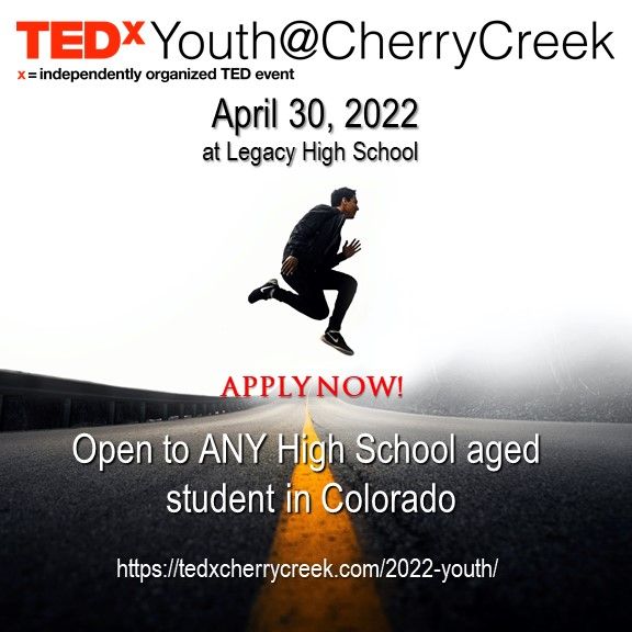 Excited to be co-organizer of #TEDxYouth (tedxcherrycreek.com/2022-youth) event at my #legacyhighschool in <a href="/Adams12/">Five Star Schools</a>. 
This event is open to ANY High School Aged Youth in #Colorado, from any high school (public, charter, private &amp; home school).
Spread the word. Applications are now open!