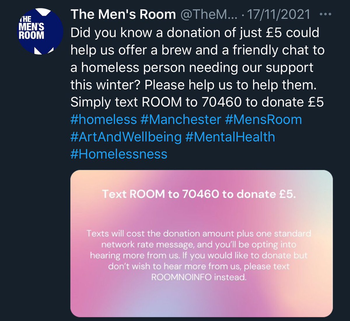interferenceart's tweet photo. If you’re able to, we’d be ever so grateful if you’d consider supporting the amazing work of @TheMancMensRoom. A £5 text donation can help them help someone homeless in these cold, dark nights. 🙏  Details below of how you can support 👇 https://t.co/eK0hNXVLOz