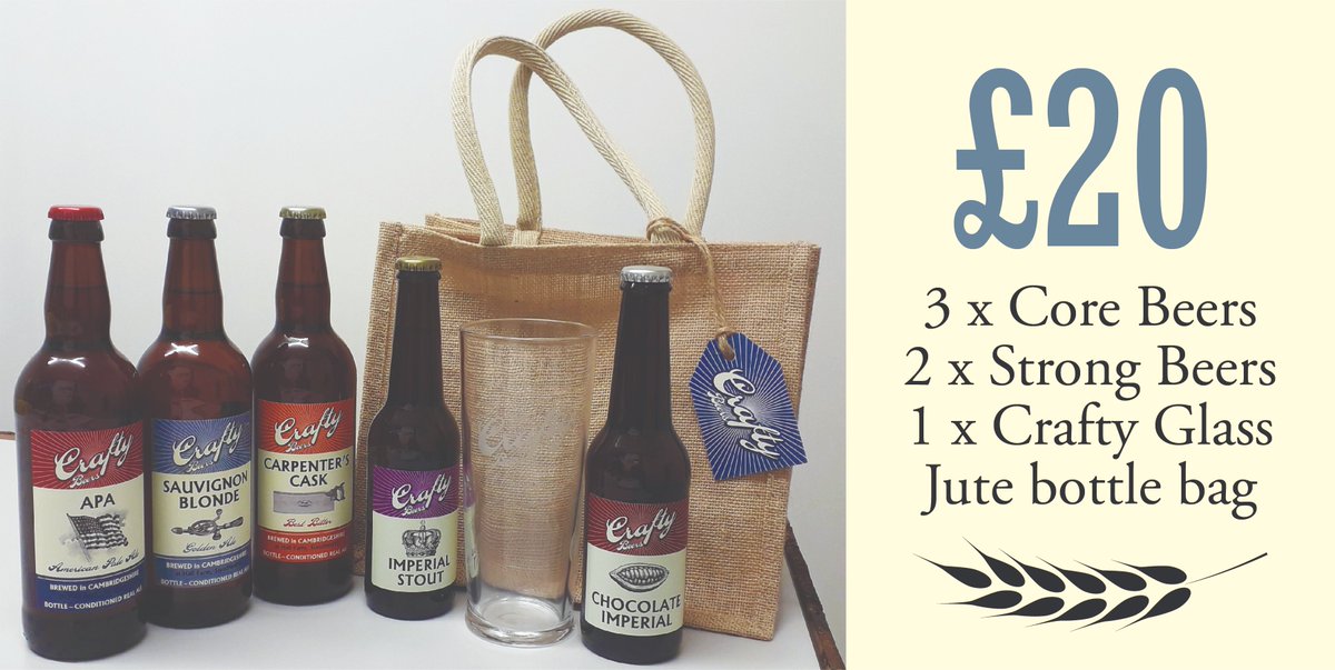 Crafty_Beers's tweet photo. The ideal gift for the beer lover in your life.  A jute bottle bag filled with a selection of 3 core beers, 2 strong beers &amp; a pint glass.  £20
Tel 01223 813938 or email your order to robert@craftybeers.co.uk and we'll be in touch.
(Actual beers supplied may vary from photograph) https://t.co/TNo6TJd58R