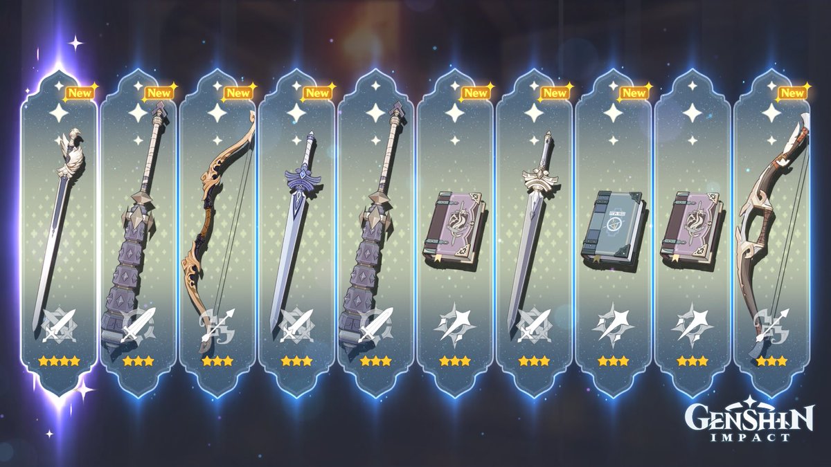 UrbanElf's tweet image. First Genshin roll and no character 😭 but super happy with some of the weapons ⚔️📓