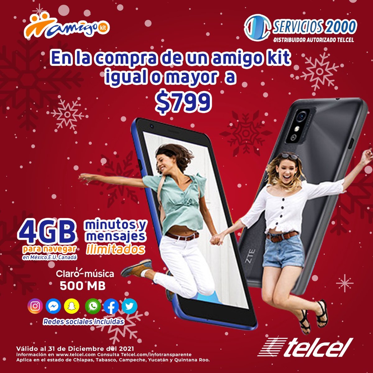 telcelS2000's tweet photo. 🎁¡El regalo perfecto para navidad!🎁 
Compra un Amigo Kit desde $799, actívalo con $100.00 y recibe beneficios al triple 🙌

➡️ 4 GB para navegar.
➡️ 500 MB Claro-música.
➡️ Redes sociales incluidas.
➡️ Minutos y SMS ilimitados.

¡Visítanos en nuestras sucursales!
#Servicios2000 https://t.co/H0UHsznwxR