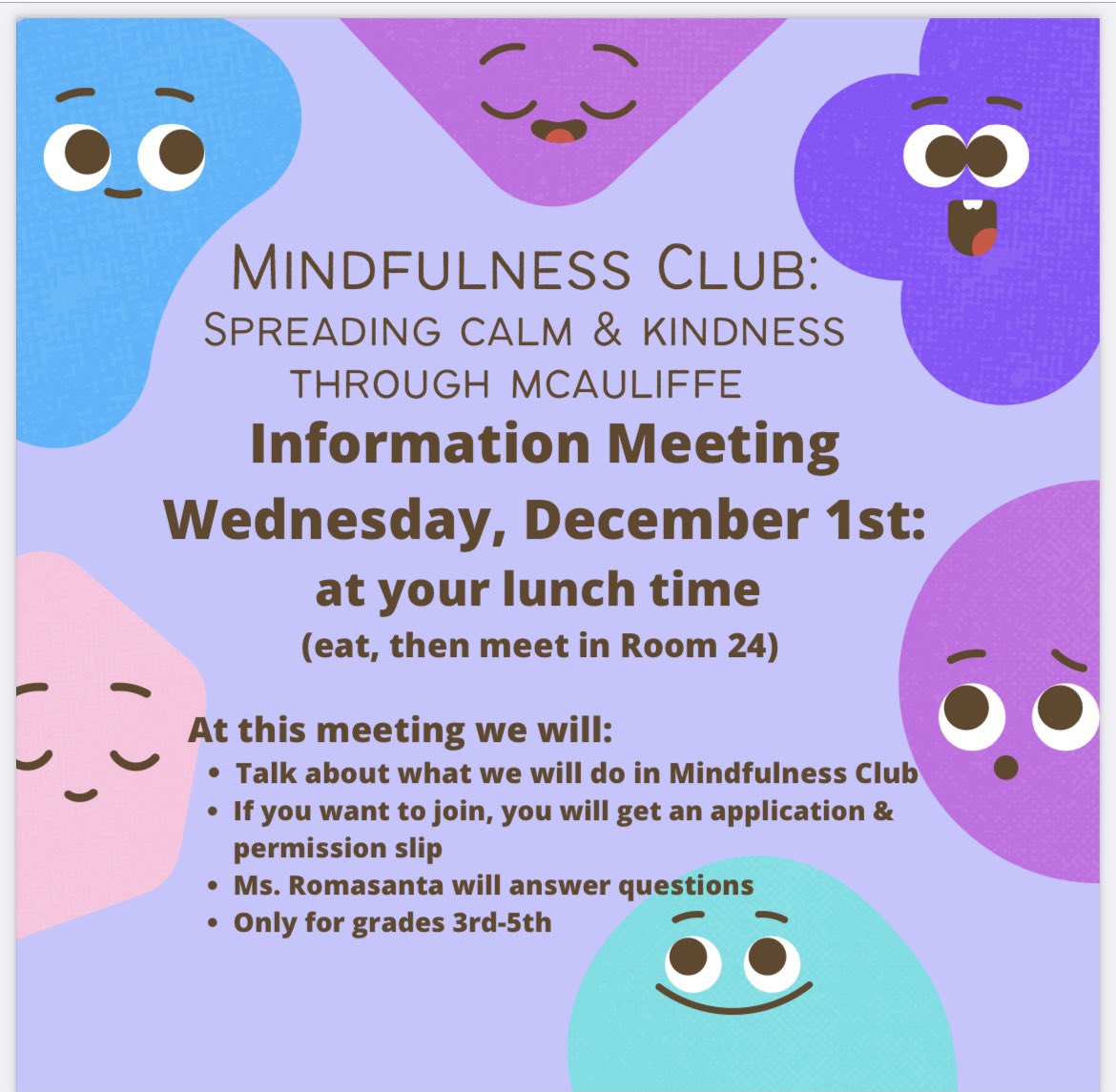 CnslrRomasanta's tweet photo. Had a successful info meeting w/ 3rd-5th Ss interested in Mindfulness Club! We gave out 31 applications! I think more students would have attended if we weren’t competing with the Holiday Shop this week! 😅 #counselingclassroom #calmdowncorner #mindfulnessclub @OsideSup @OsideUSD https://t.co/G8HY0Uuuoh