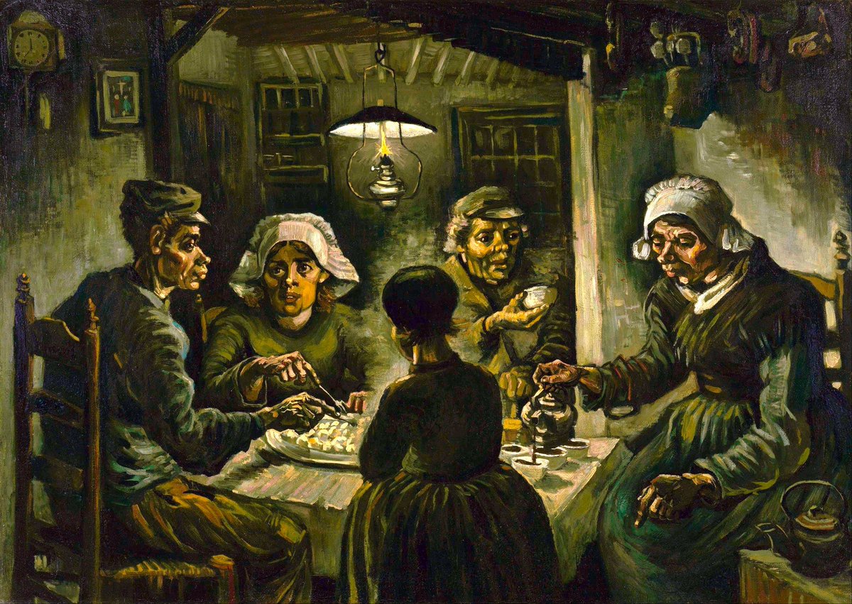 #VanGogh's iconic "Potato Eaters" portrayed actual peasants residing in rural Brabant, Netherlands. Van Gogh researchers know their names and details of their lives. Vincent considered this somber painting his masterwork even after he had moved onto a brilliant-coloristic pallet.