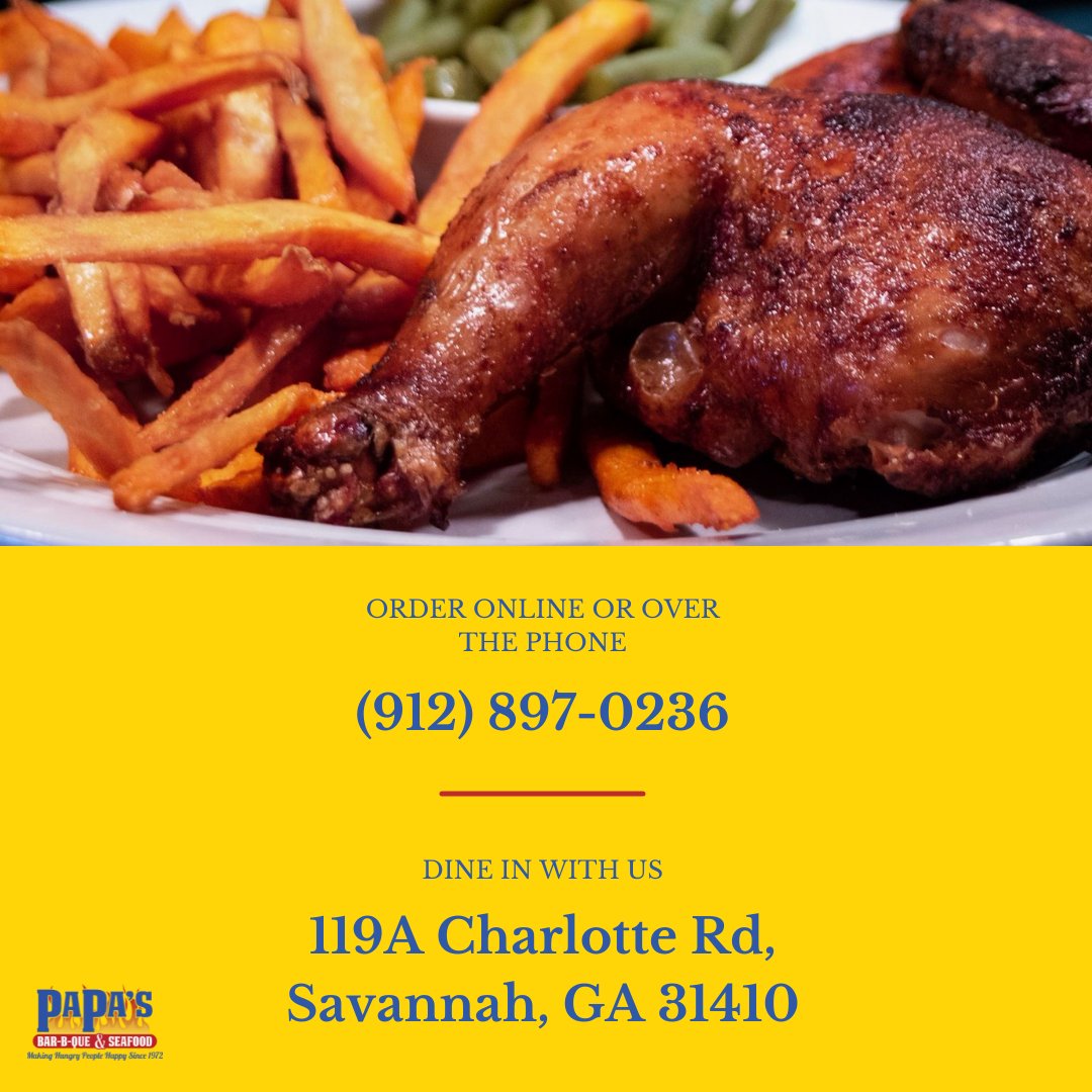 We're open tonight from 4:30 PM - 7:30 PM! Dine in with us or take out your favorite dishes. Either way, you can't beat Papas!⁠
#BuyLocal #Savannah #GeorgiaBBQ #Yum