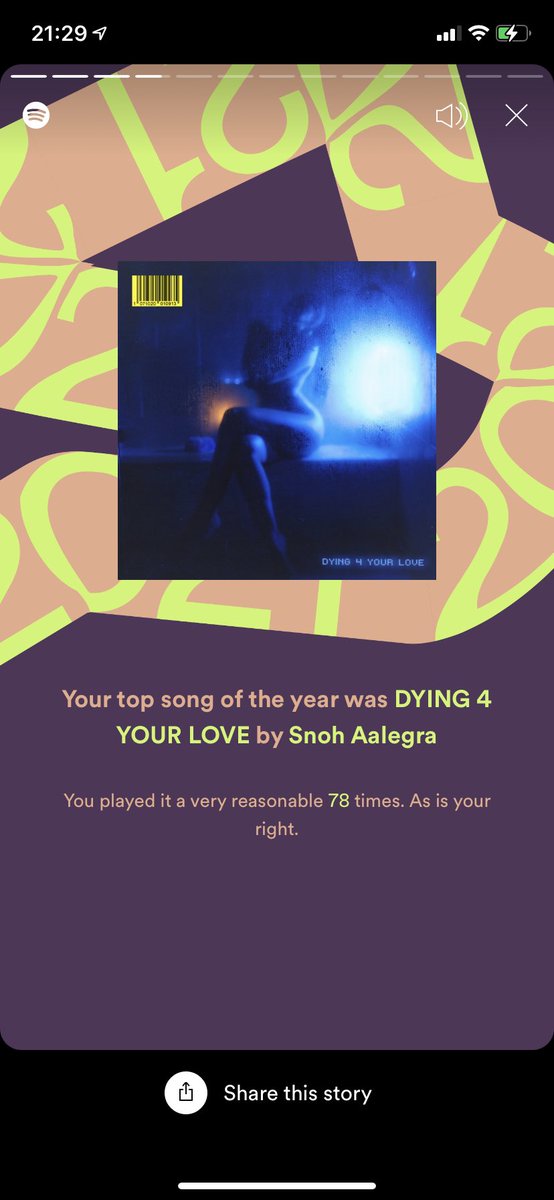 Top artist and top song this year….only listened to it 79 times 🙃💜<a href="/snohaalegra/">Snoh</a> #spotifywrapped2021 #snohaalegra