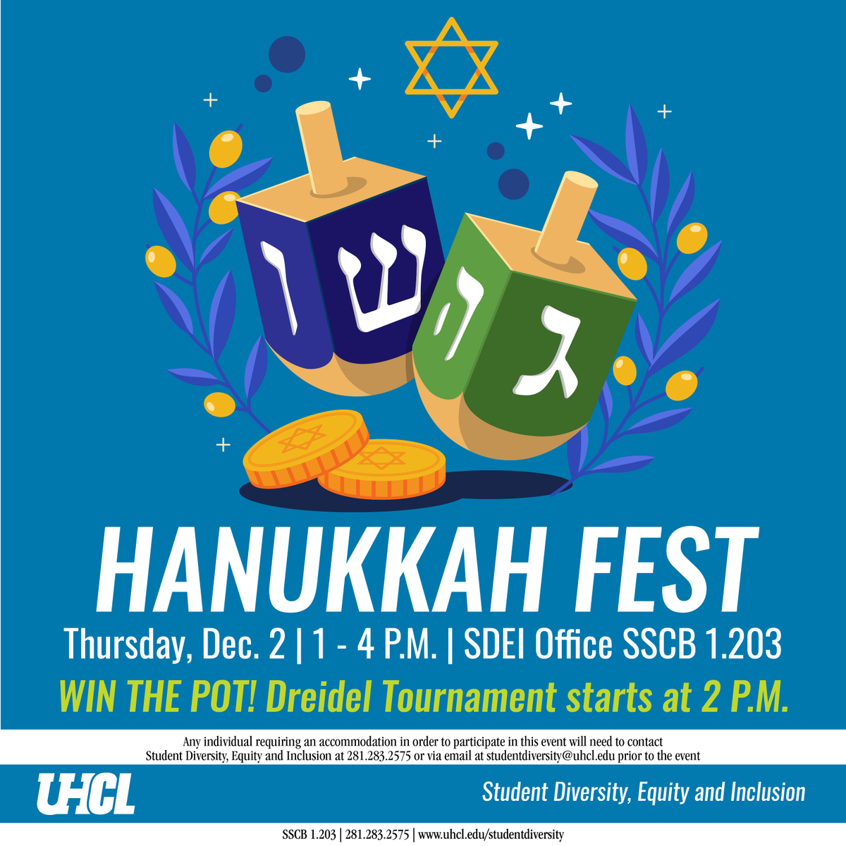 HANUKKAH FEST IS TOMORROW! 1-4 p.m. SDEI Office.

Join us for latkes, donuts, crafts, and a dreidel tournament! Details on GetInvolved.
