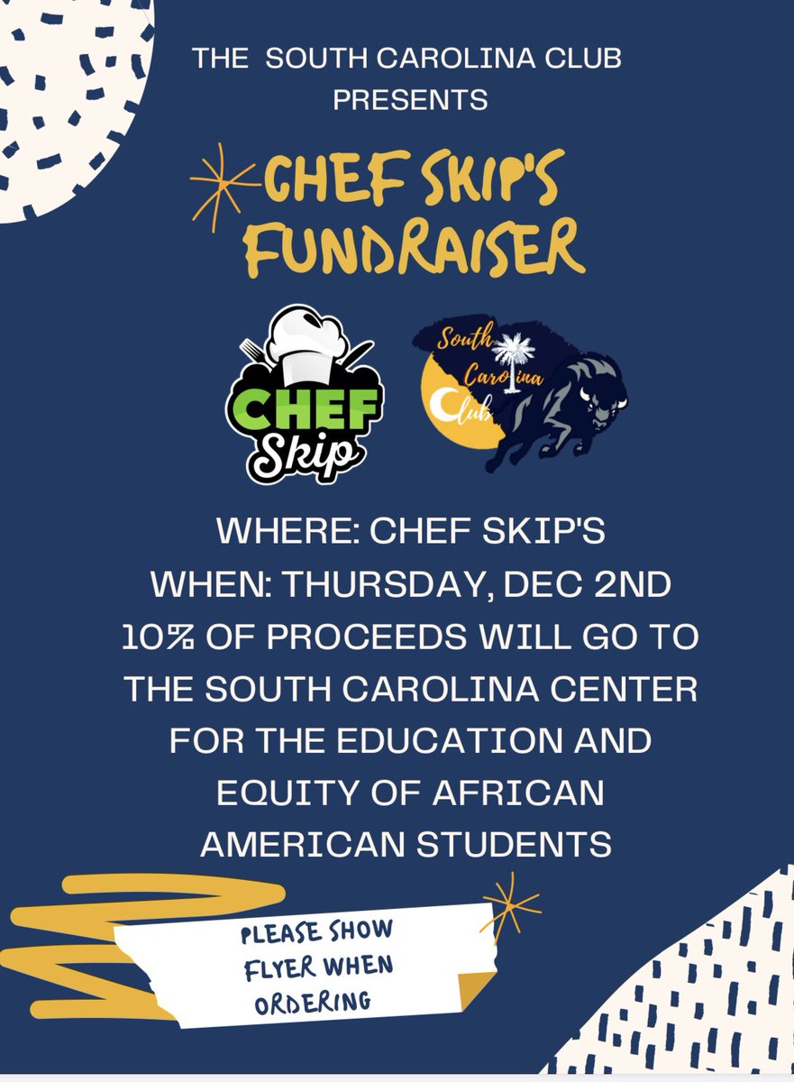 Stop by Chef Skip’s 😋 this Thursday, December 2nd from open to close to help us raise money for the South Carolina Center, working for the educational equity of African American students. Make sure to show this flyer when you go as 10% of the proceeds will be donated!🌴🦬