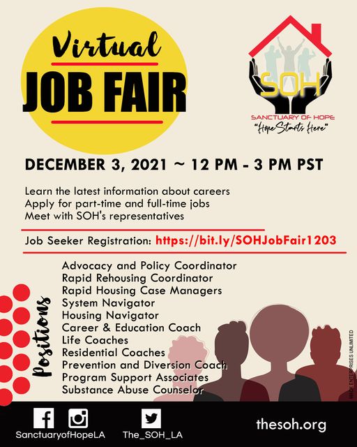 SOH is hosting a virtual job fair and looking for awesome team members this Friday, December 3rd. If you have a passion to help and serve young people, register and submit your resume.

bit.ly/SOHJobFair1203

#LosAngeles #SouthLA #LA #PublicService #NowHiring #JobsInLA