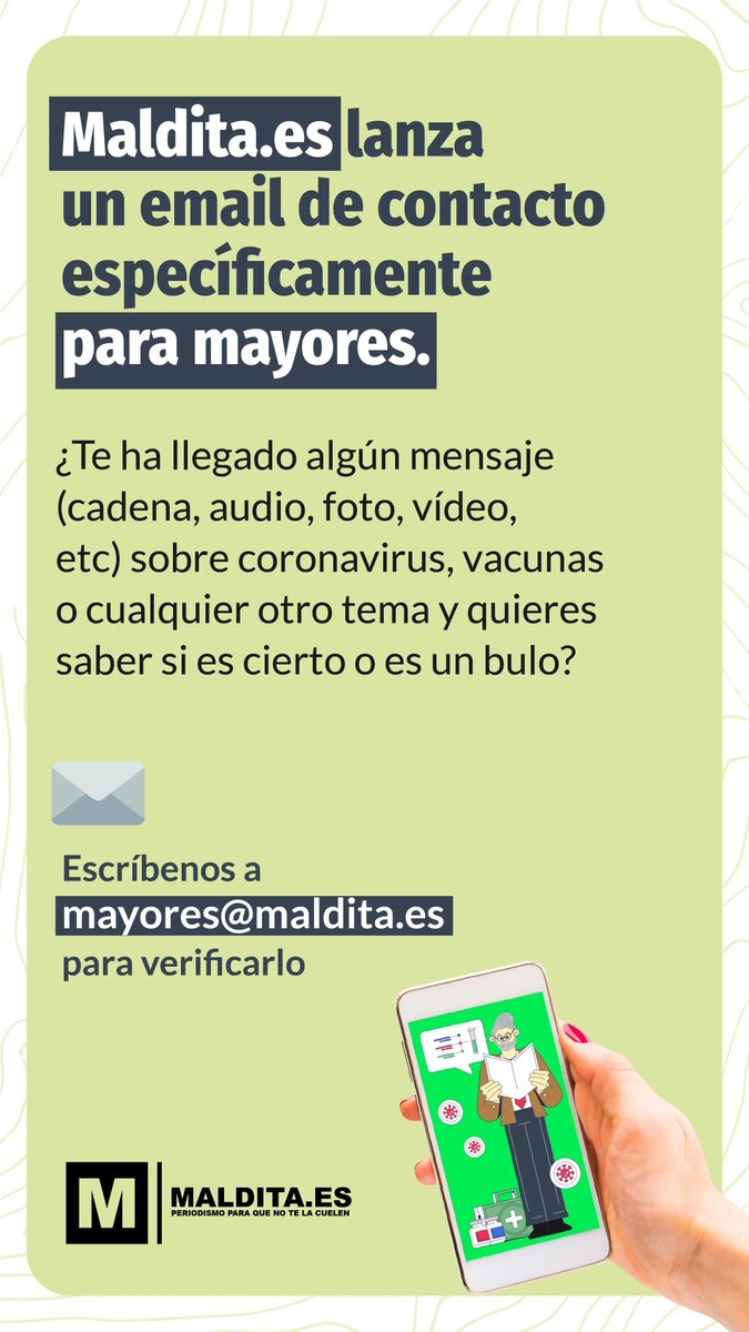 malditobulo's tweet photo. 📨 Lanzamos un email de contacto para que personas mayores puedan consultar sus dudas y verificar contenidos, en un proyecto de #LatamChequea liderado por Chequeado
 
Escríbenos a 👉 mayores@maldita.es
Más información https://t.co/lgcxL0JWHC https://t.co/MclqgrAcUU