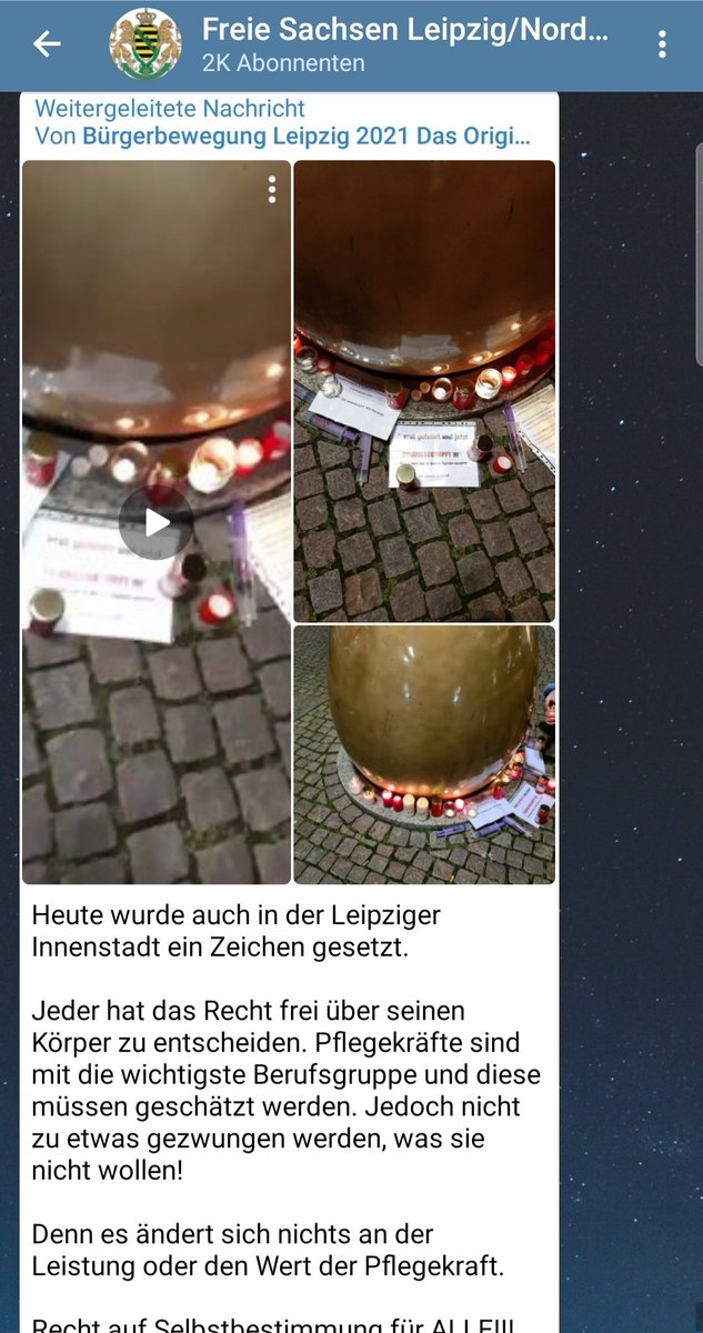 Es ist ein Screenshot aus dem Telegram-Kanal  ,,Freie Sachsen Leipzig/Nordsachsen". Zu sehen ist die weitergeleitete Nachricht,der Bürgerbewegung Leipzig 2021