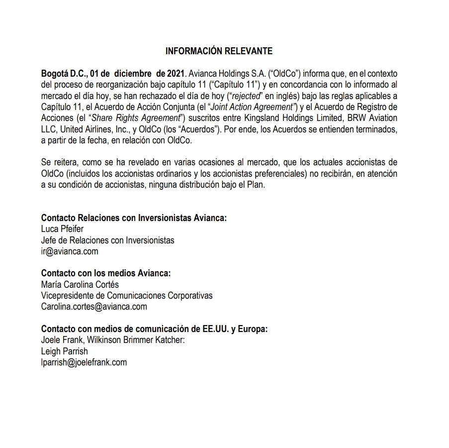 josejournaliste's tweet photo. #AviancaHoldings informรณ que se rechazaron bajos las reglas aplicables al Capรญtulo 11,el Acuerdo de Acciรณn Conjunta y el Acuerdo de Registro de Acciones suscrito entre #Kingsland, #BRWAviationLLC, #UnitedAirlines y #OldCo https://t.co/Fp0FY2mGko