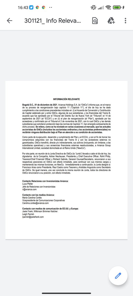 josejournaliste's tweet photo. #AviancaHoldings informรณ que se rechazaron bajos las reglas aplicables al Capรญtulo 11,el Acuerdo de Acciรณn Conjunta y el Acuerdo de Registro de Acciones suscrito entre #Kingsland, #BRWAviationLLC, #UnitedAirlines y #OldCo https://t.co/Fp0FY2mGko