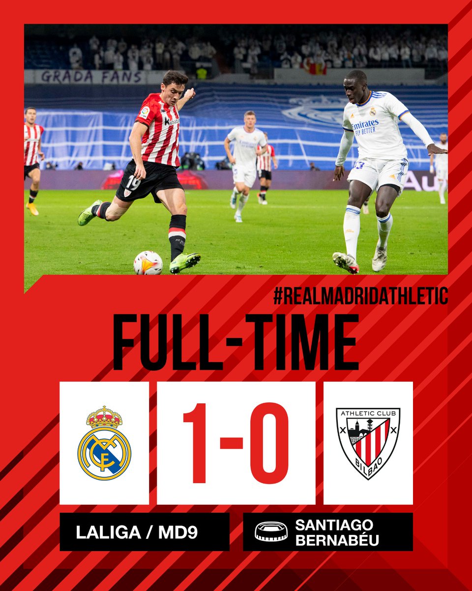 Athletic_en's tweet photo. FULL-TIME I Athletic fall to defeat at the Santiago Bernabéu. The Lions, on top throughout the second half, went all out for an equaliser but couldn't find a way past Courtois.

#RealMadridAthletic #AthleticClub 🦁 https://t.co/gJVkoJJNjO