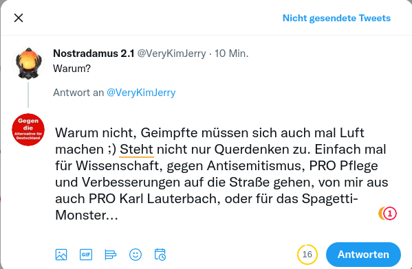 Gegen_die_AfD's tweet photo. Ernsthaft ich bin genervt, und ich muss mir auch mal als geimpfter Luft machen.... Motto ist mir sogar egal. Schön wäre mal:
- Probleme der Pflege
- Warum Querdenken Antisemitischen Kontent verbreitet und Neonazis toleriert als Demo Thema :)
Hauptsache mal #LuftMachen! https://t.co/HCRqKGexHU