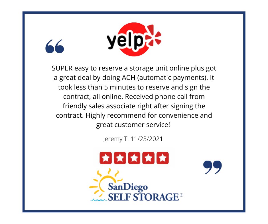 SMMiniStorage's tweet image. This year, San Diego Self Storage made sure to put online leasing center stage, creating an intuitive, conversion-focused, online experience. It's reviews like this one that let us know our mission was clear. Thank you, Jeremy. We love serving you!