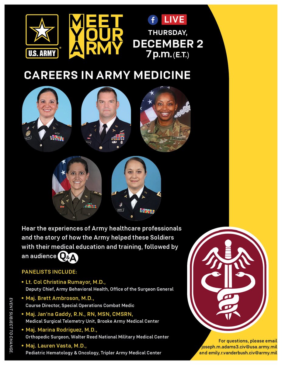 TOMORROW at 7PM EST join the @USArmy on Facebook Live to learn about #ArmyCareers in Medicine! 🩺 You will even have the chance to ask questions to the healthcare professionals to get the inside scoop on careers in Army medicine! #VictoryStartsHere #ArmyMedicine @PaulFunk2