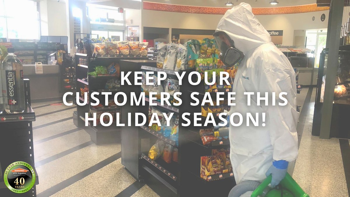 SERVPROStAug's tweet photo. Get your #business professionally #cleaned by SERVPRO of St. Augustine to help keep your customers safe this holiday season! Give us a call at 904-829-0665 for commercial #cleaning services. https://t.co/Z8NDLEAbQ9