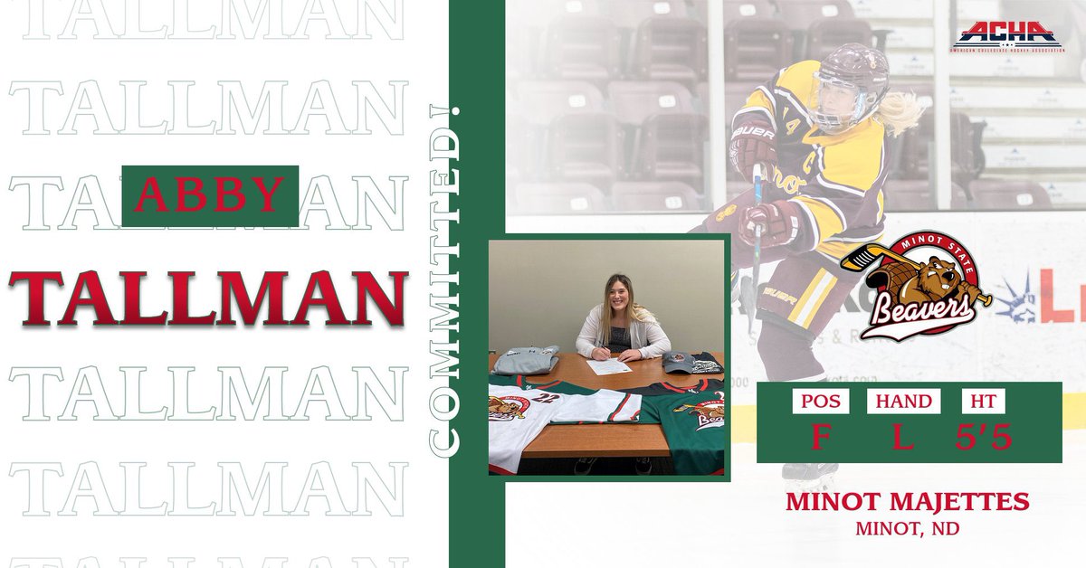 MSUBeaversWHKY's tweet photo. 🖊 Committed! 🖊

MSU Beavers Women’s Hockey is proud to announce the commitment of Forward, Abby Tallman! A local product of Minot, ND, Abby will join the program for the 2022/2023 season following her time with @MHSGirlsHockey2! Welcome to Minot State!

#JoinTheColony https://t.co/h0fIzVsbzH