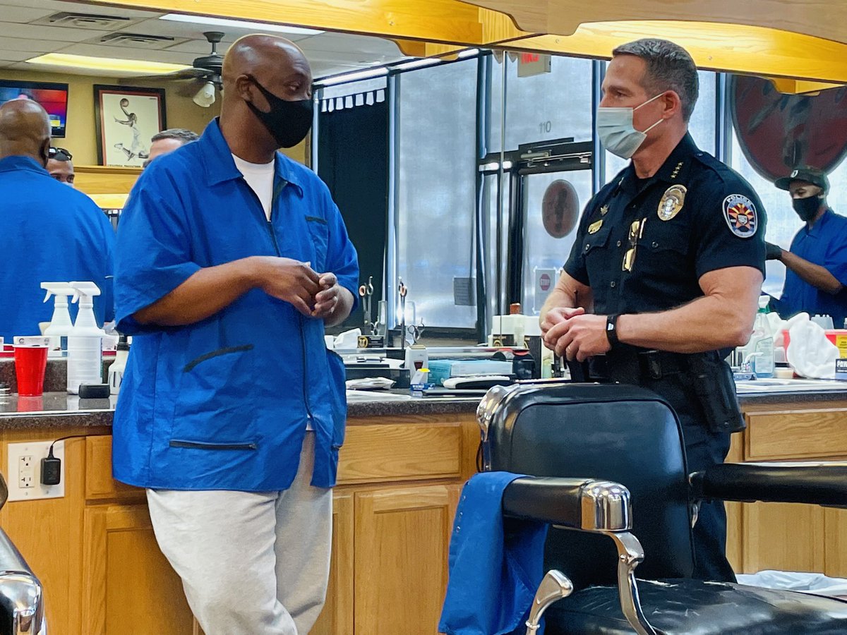 Chief_Duggan's tweet photo. Another great turn out at our Conversation with a Cop this morning at 
Ageez barbershop 
#CopsandBarbers #PathForward @ChandlerPolice  @cityofchandler https://t.co/IHvetDL6AX